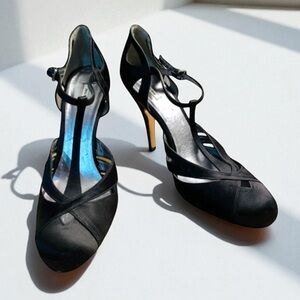 MIU MIU T-STRAP BLACK SATIN EVENING HEEL SIZE 40 ITALY